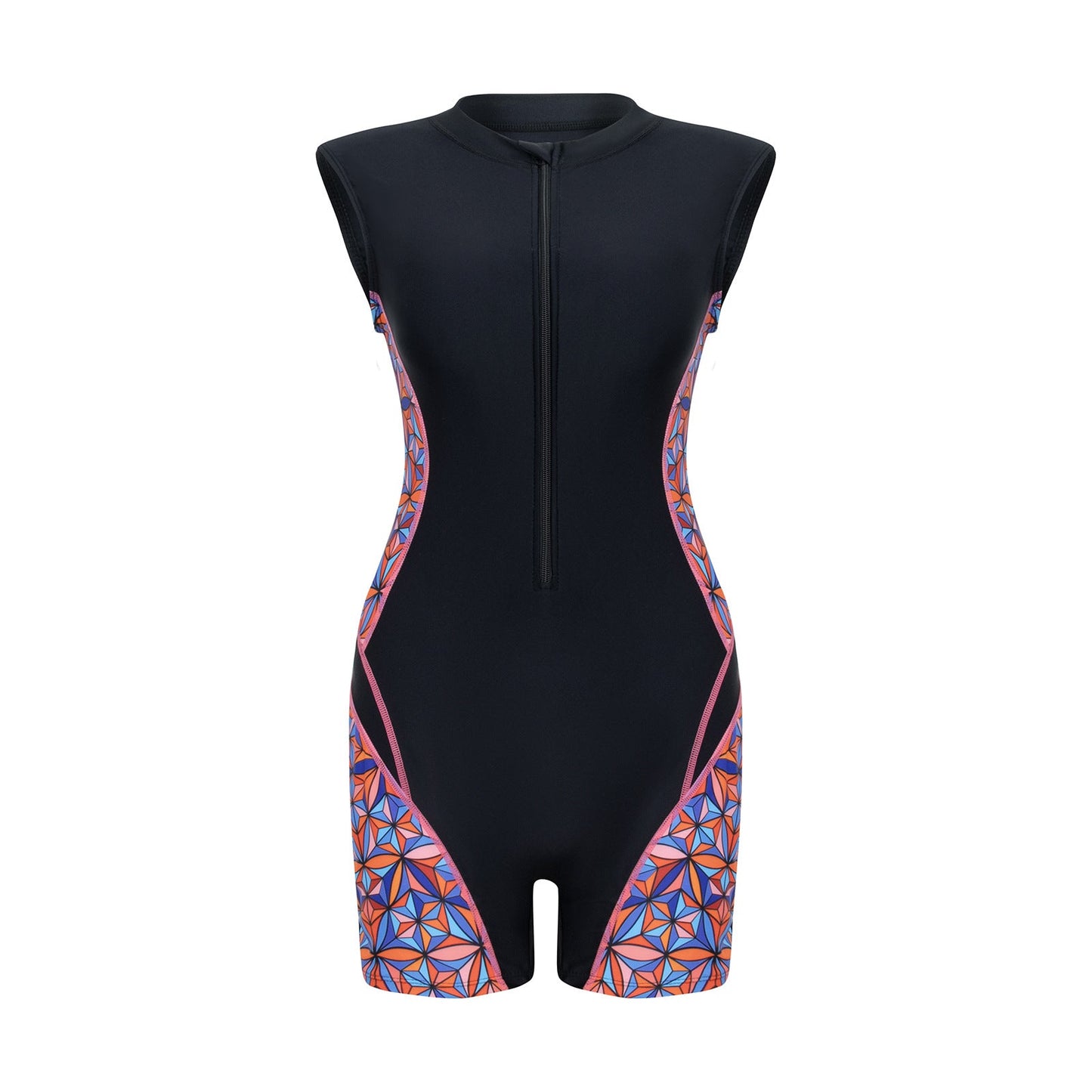 Geometric Panel Zip-Front Sleeveless Rash Guard Swimsuit