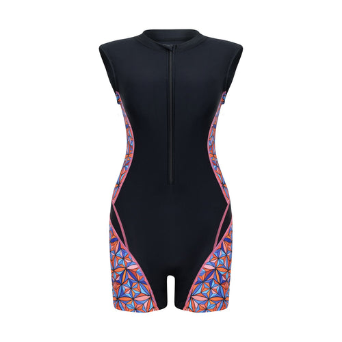 Geometric Panel Zip-Front Sleeveless Rash Guard Swimsuit