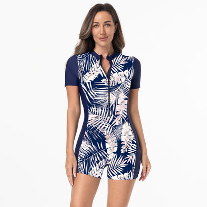 Botanical Print Zip-Front Short-Sleeve Rash Guard Swimsuit - color-02