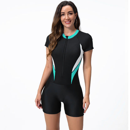 Contrast-Trim Zip-Front Short-Sleeve Rash Guard Swimsuit - color-06