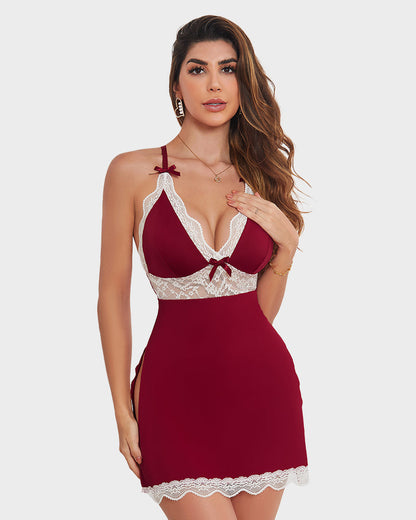Ocevara Deep V-Neck Lace Trim Side Slits Nightgown - image 4