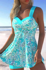 Ocevara Surplice Cyan Leaf Print Swimdress and Shorts - image 1