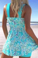 Ocevara Surplice Cyan Leaf Print Swimdress and Shorts - image 2