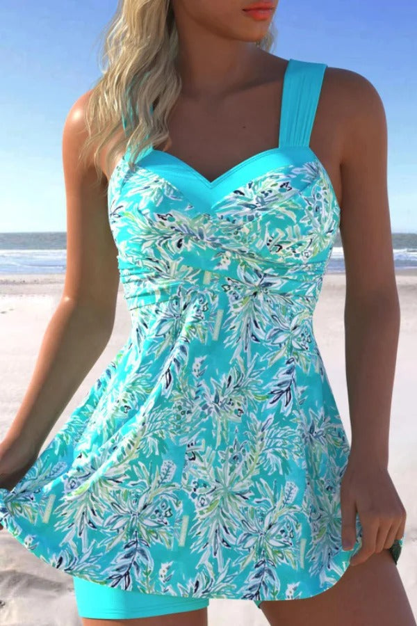 Ocevara Surplice Cyan Leaf Print Swimdress and Shorts - image 4