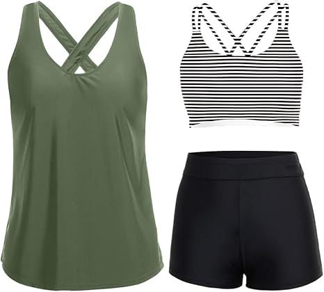 Cross-Back Three-Piece Tankini and Boyshort Set