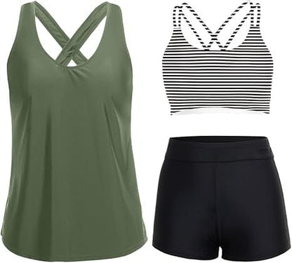 Cross-Back Three-Piece Tankini and Boyshort Set