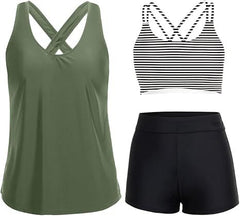 Cross-Back Three-Piece Tankini and Boyshort Set