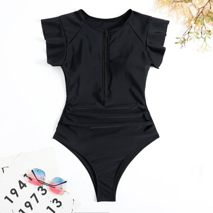 Ruffle Zipper Hawaii Print Tummy Control One Piece Swimsuit