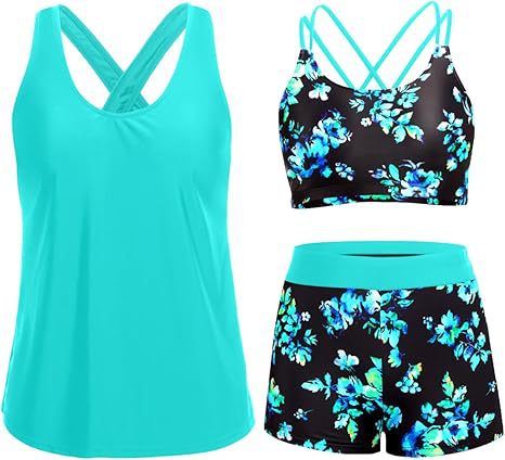 Cross-Back Three-Piece Tankini and Boyshort Set