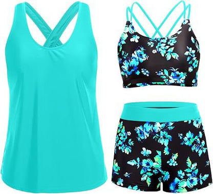 Cross-Back Three-Piece Tankini and Boyshort Set