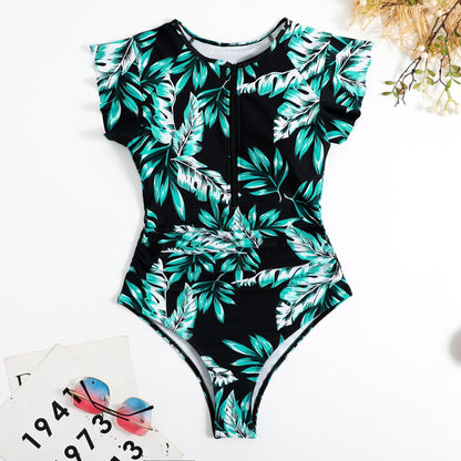 Ruffle Zipper Hawaii Print Tummy Control One Piece Swimsuit
