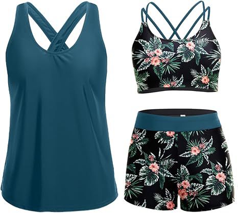 Cross-Back Three-Piece Tankini and Boyshort Set