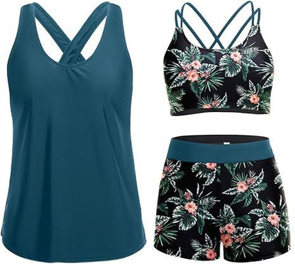 Cross-Back Three-Piece Tankini and Boyshort Set