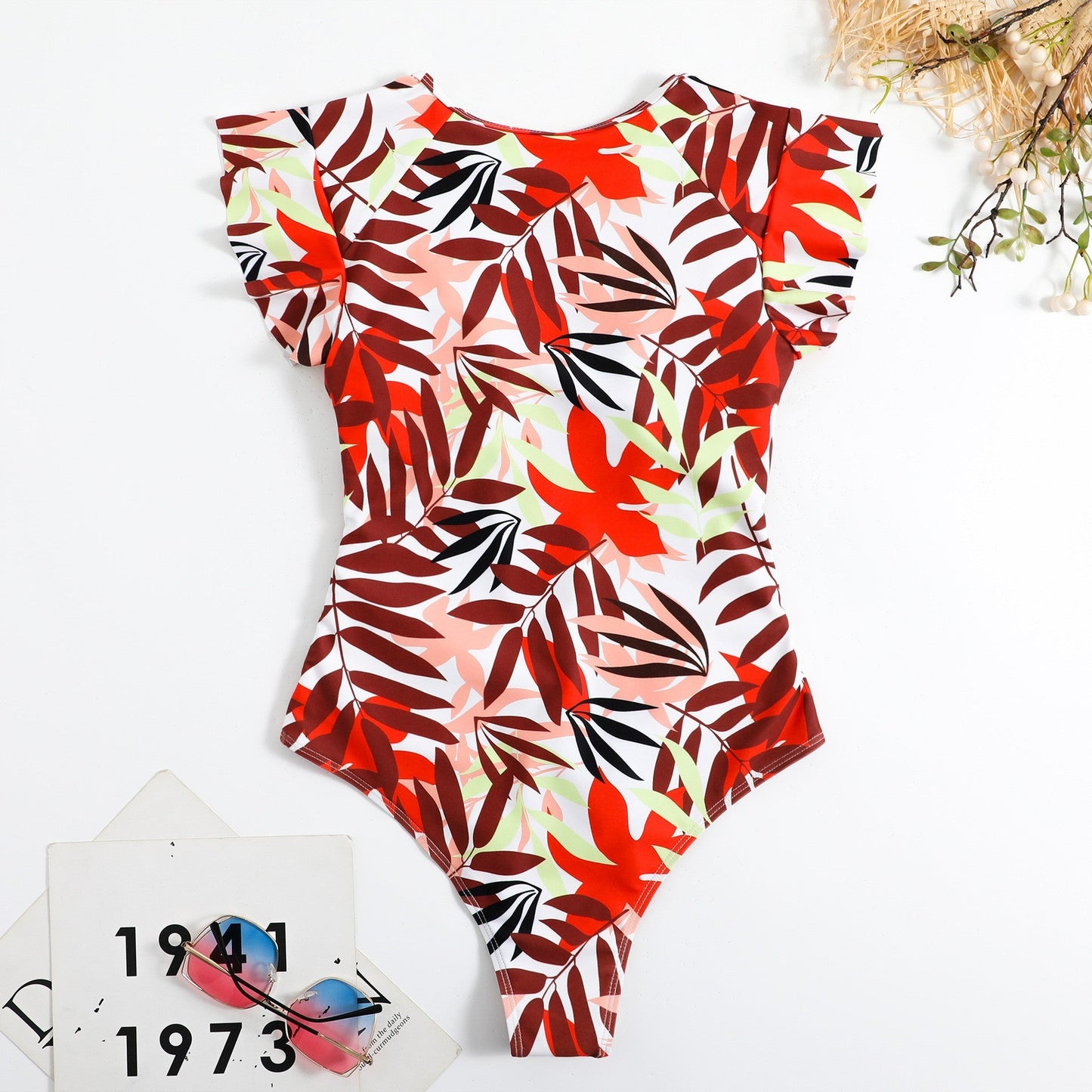 Ruffle Zipper Hawaii Print Tummy Control One Piece Swimsuit