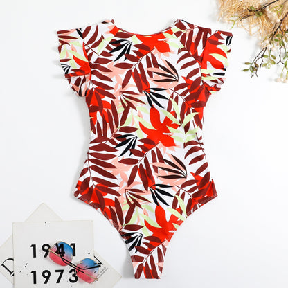 Ruffle Zipper Hawaii Print Tummy Control One Piece Swimsuit