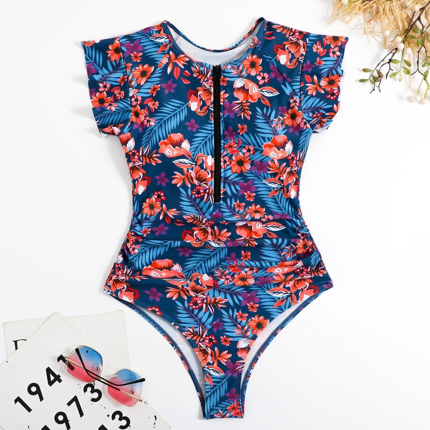 Ruffle Zipper Hawaii Print Tummy Control One Piece Swimsuit