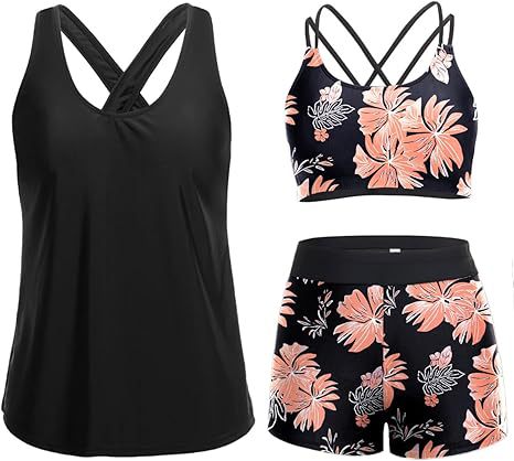 Cross-Back Three-Piece Tankini and Boyshort Set