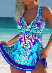 Purplish Blue Tribal Print High Waisted Tankini Set